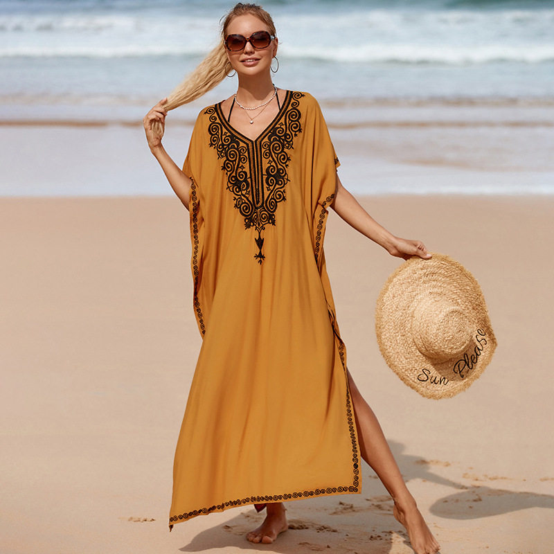 外贸新款棉姜黄绣花长袍沙滩度假防晒比基尼罩衫泳衣外搭长裙女士