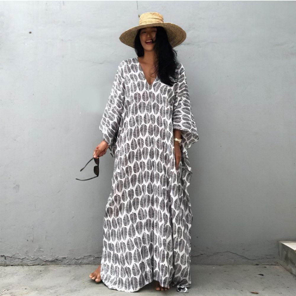 欧美度假防晒新款V领宽松长袍海边沙滩比基尼罩衫泳衣外搭长裙女