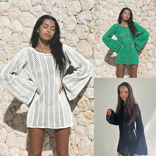 2025跨境欧美镂空针织防晒比基尼泳衣外搭性感宽松套头沙滩罩衫 女