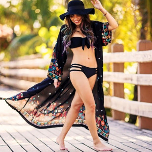 度假海边沙滩防晒衣雪纺蓝色印花开衫 罩衣长裙外套 泳衣比基尼罩衫