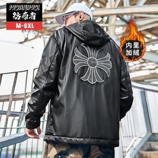 纺布者潮牌美式 十字架PU皮衣机车夹克男潮胖加肥加大宽松外套男