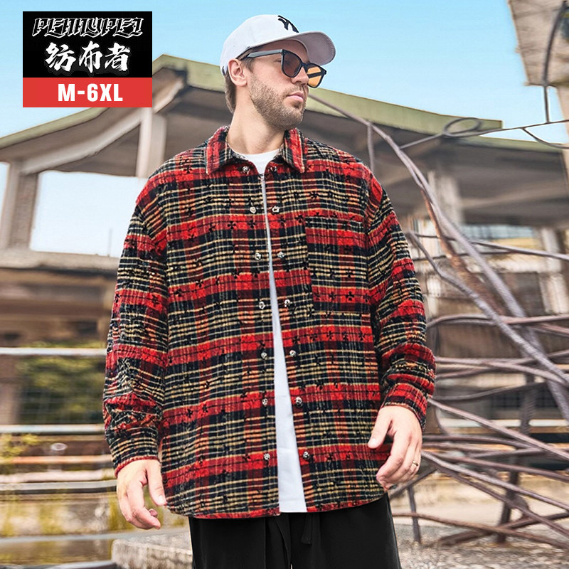 纺布者潮牌大码春秋格子衬衫男潮胖子加肥加大宽松休闲翻领衬衣男