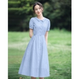 Синее летнее платье, длинная длинная юбка, короткий рукав, по фигуре, А-силуэт