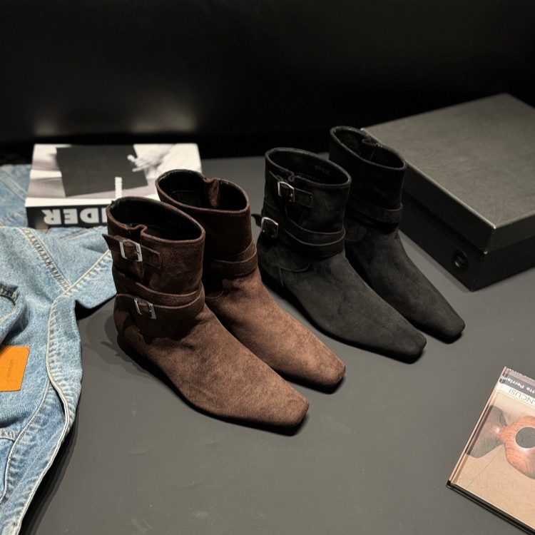 皮带扣坡跟方头西部短靴