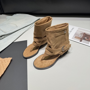 欧美皮带扣短靴女26春夏夹趾透气凉靴内增高漏趾西部靴辣妹风女鞋