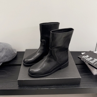 英伦风套筒短靴女2025秋冬加绒西部牛仔靴方跟圆头酷靴青年靴子潮