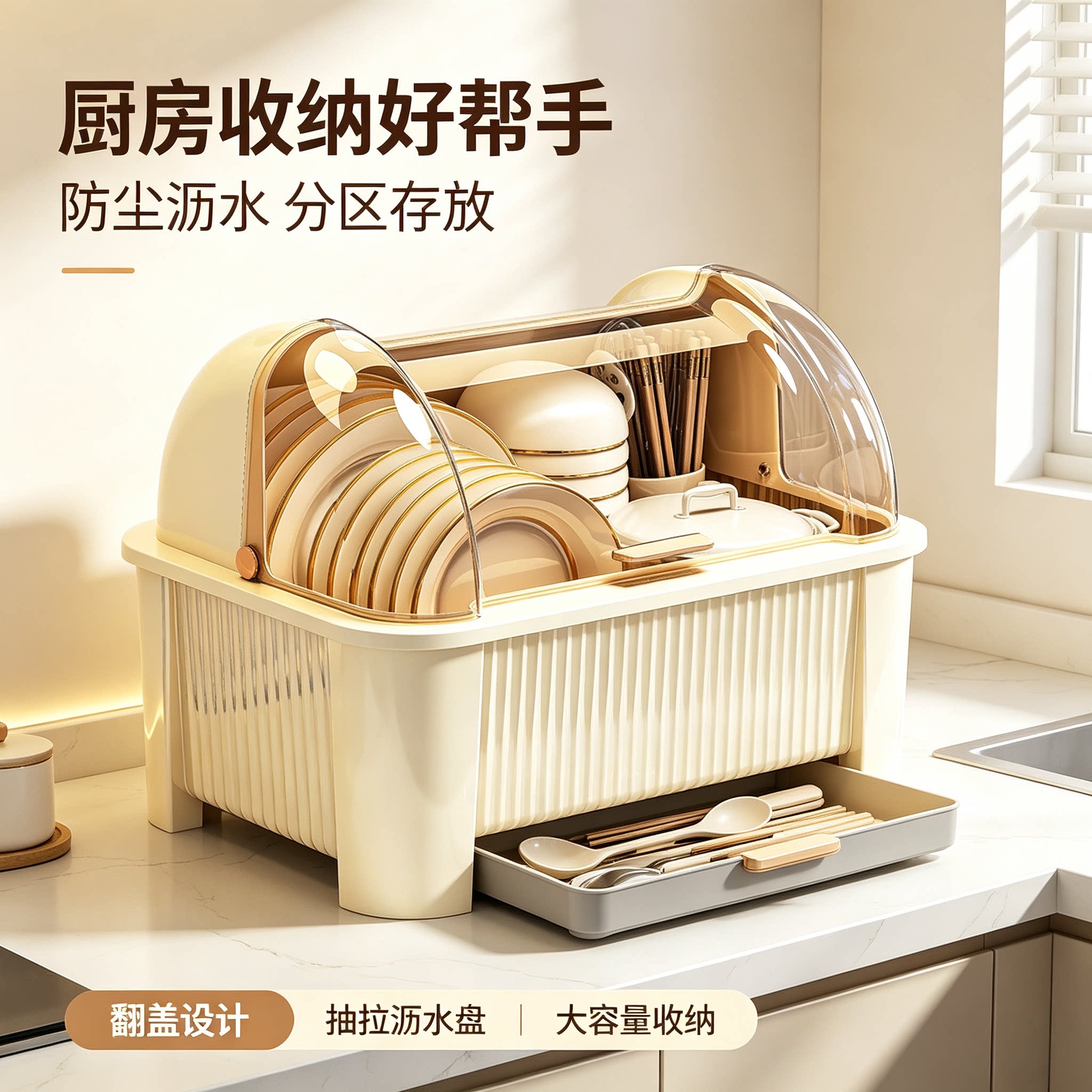 带盖防尘碗碟收纳盒家用厨房台面沥水碗架餐具盘子筷子整理置物箱