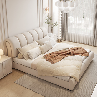奶油风皮床1.8米双人实木床现代简约主卧1.5m储物小户型科技布床