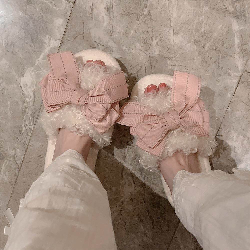 无声静音冬季毛毛拖鞋毛绒地毯蝴蝶结室内家居女实木地板卧室软底