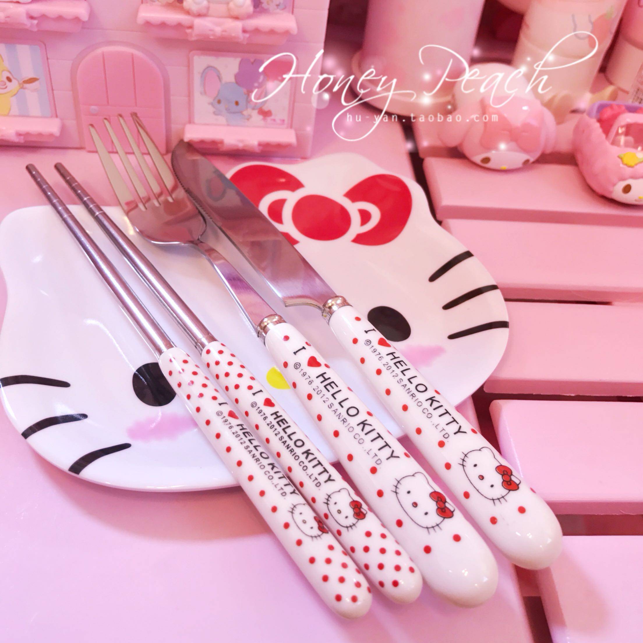 卡通可爱hello kitty凯蒂猫餐具陶瓷柄不锈钢叉子勺子筷子西餐刀