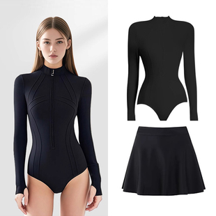 立领拉链三角速干潜水服裙裤 熊猫大人UPF50 防晒连分体泳衣女长袖