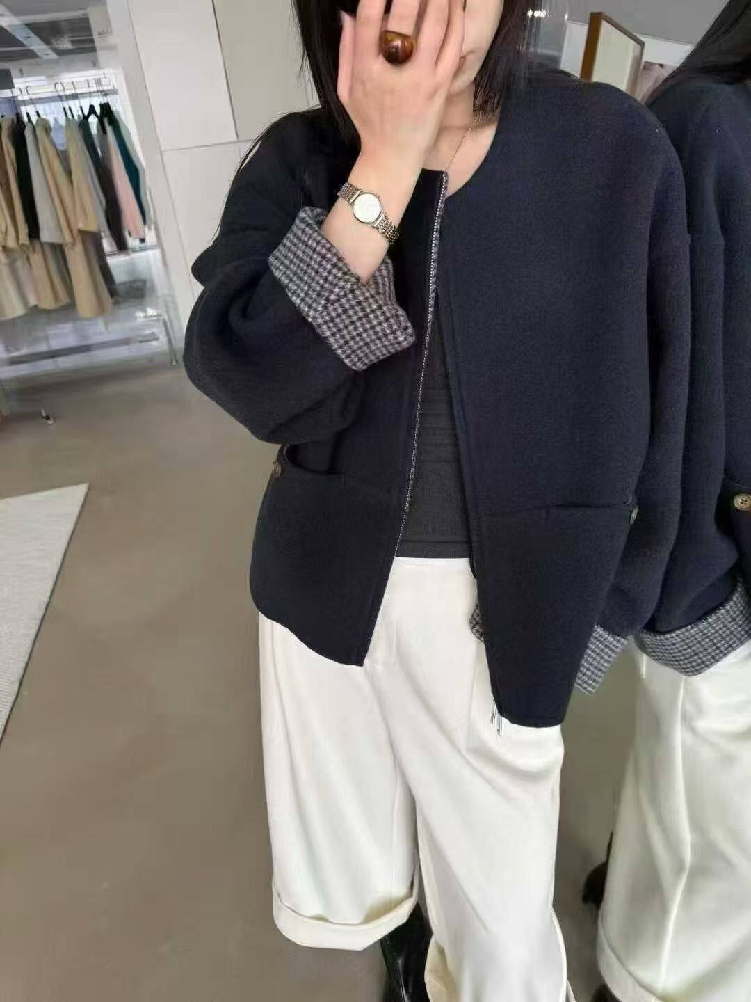 【源头工厂店】秋冬新款韩系时尚百搭圆领外套女短款羊毛呢子外套
