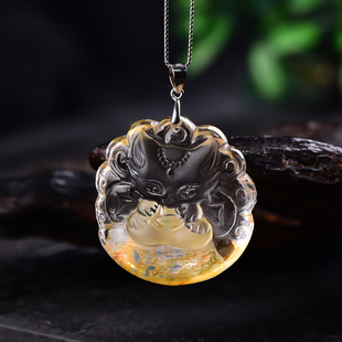 新款现货天然绿幽灵黄胶花九尾狐小吊坠立体可爱精致女生水晶项链