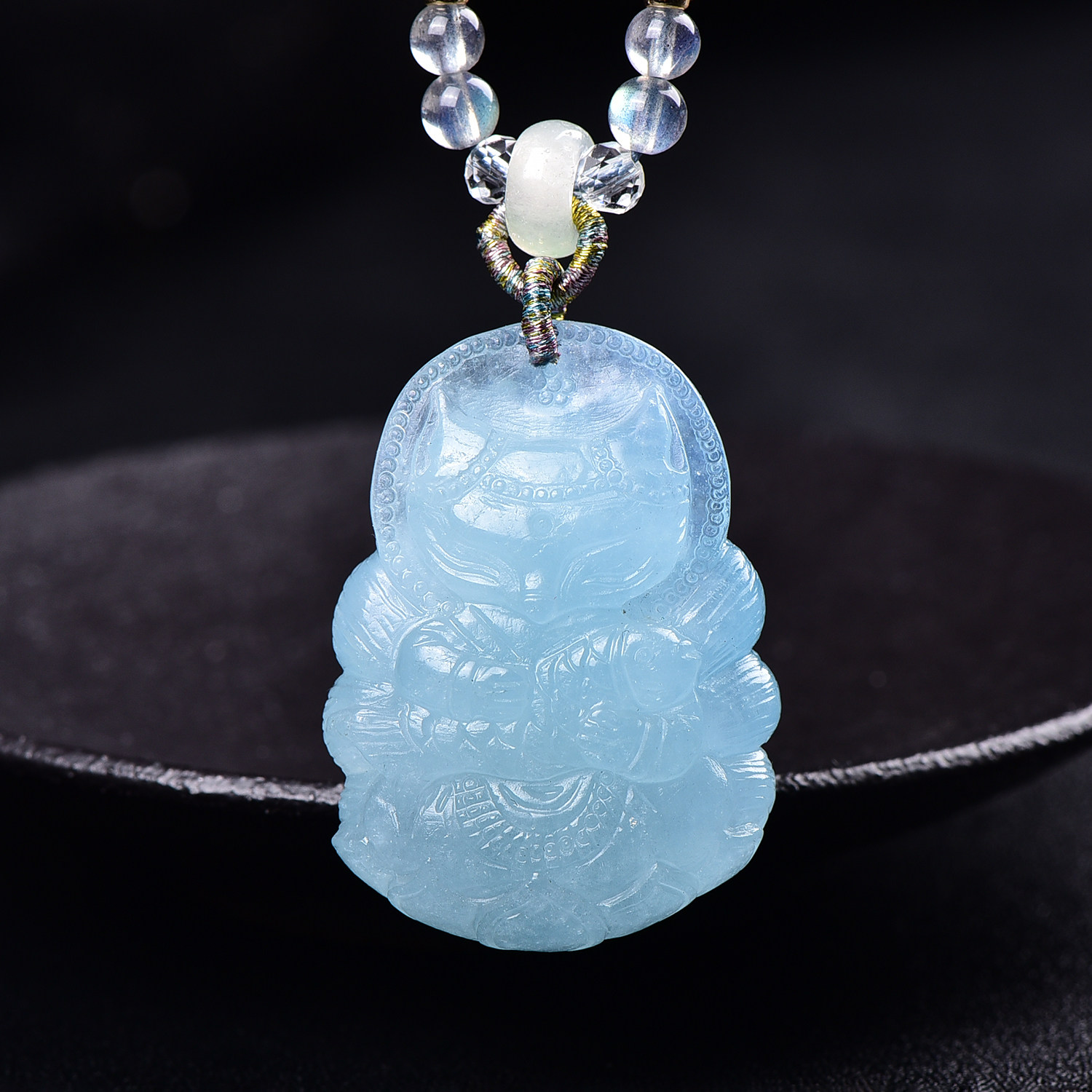 天然海蓝宝九尾狐小吊坠手工雕刻精致立体可爱水晶狐狸原创设计