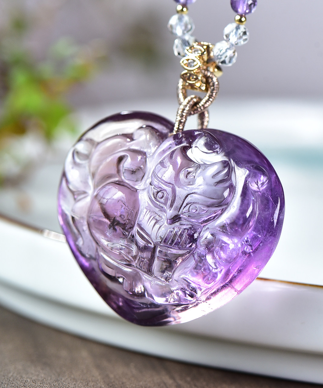 现货天然薰衣草紫水晶九尾狐小吊坠手工精雕紫晶爱心狐狸女生项链