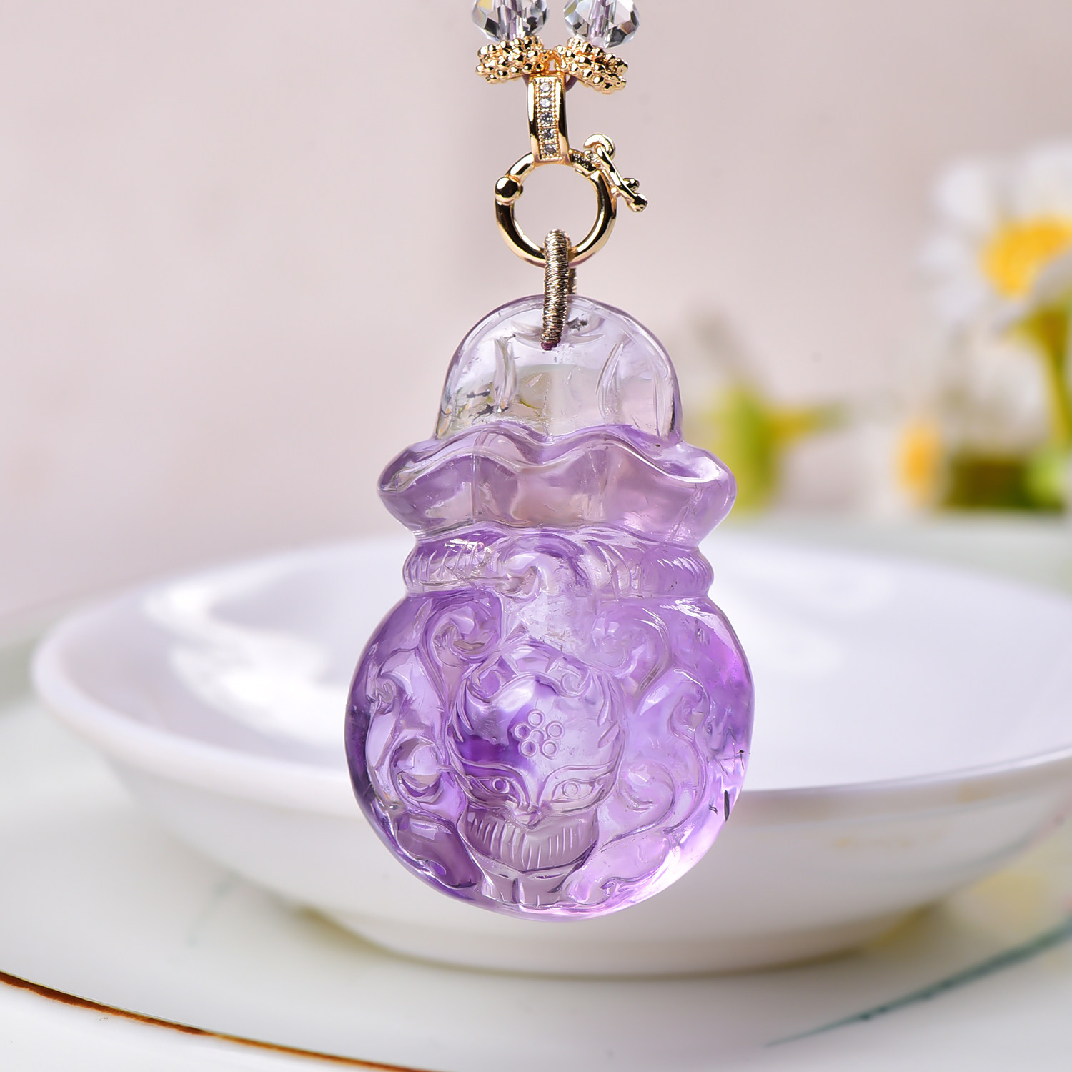 新款天然紫水晶九尾狐吊坠精致可爱可爱水晶钱袋子狐狸男女项链