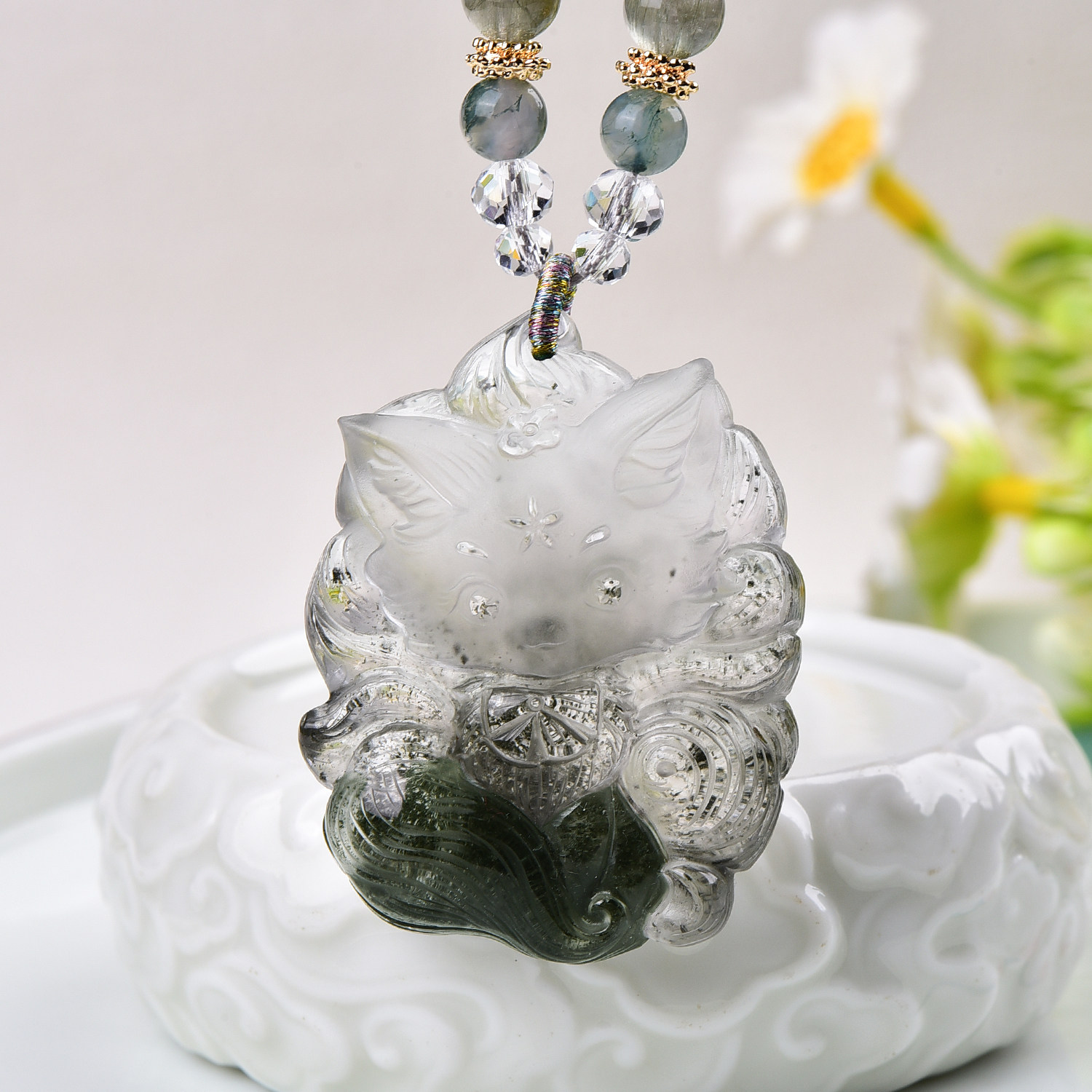 天然绿幽灵九尾狐大吊坠手工精雕精致立体可爱幽灵水晶萌狐狸项链