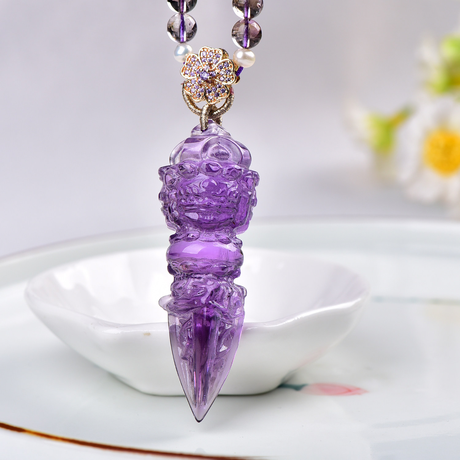 新款现货天然紫水晶金刚杵吊坠精致紫晶金刚降魔杵原创设计项链