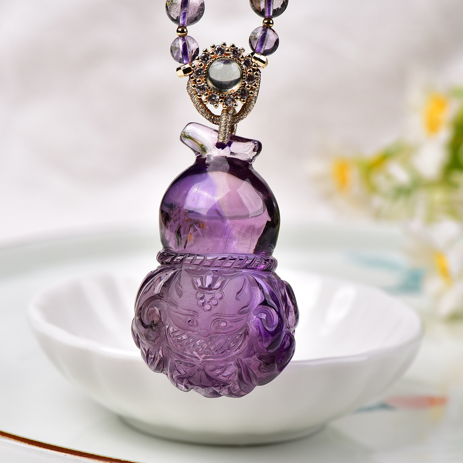 新款现货天然紫水晶葫芦九尾狐大吊坠手工精雕立体紫晶狐狸项链