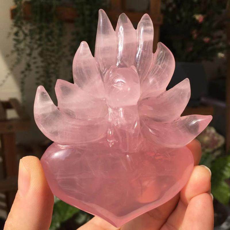 天然粉水晶九尾狐摆件爱心心形粉晶狐狸原创设计女旺姻缘摆件