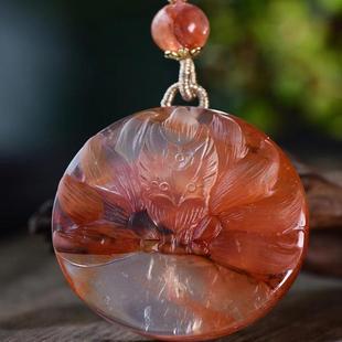 新款现货天然红胶花九尾狐吊坠手工精雕无事牌胶花水晶狐狸项链