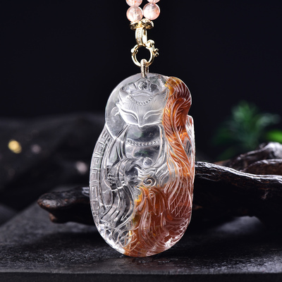 新款现货天然红胶花九尾狐大吊坠手工精雕水晶凤凰狐狸毛衣链