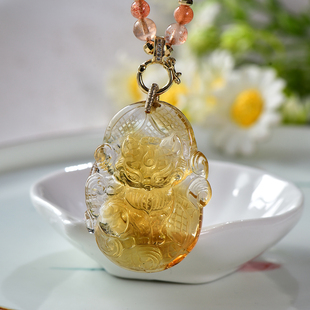 新款 现货天然巴西黄水晶九尾狐吊坠手工精雕精致立体可爱狐狸项链