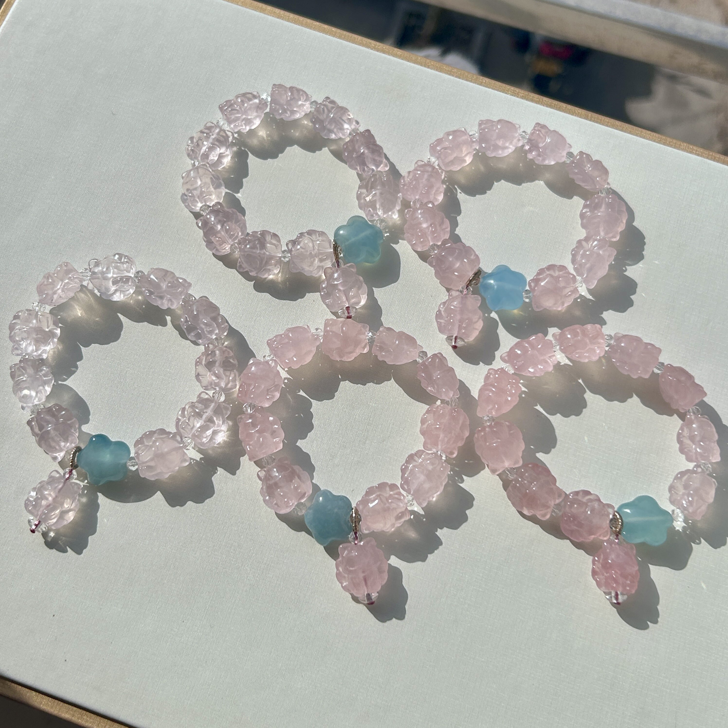 天然粉水晶九尾狐手链立体可爱粉晶狐狸海蓝宝云朵原创设计手串