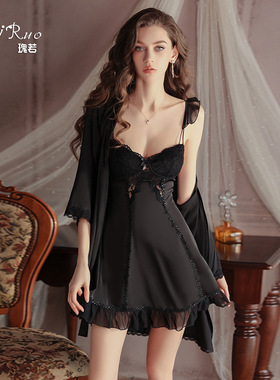 瑰若品牌内衣纯欲甜美网纱飞袖性感加胸垫睡裙外袍家居女套装4963