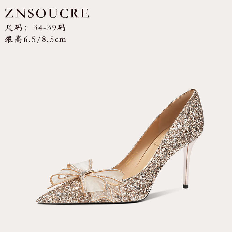 金色蝴蝶结高跟订婚婚鞋两穿