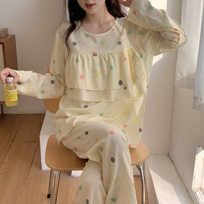 免穿内衣胸垫睡衣女春秋长袖棉绸人造棉套装双层防凸家居服套装