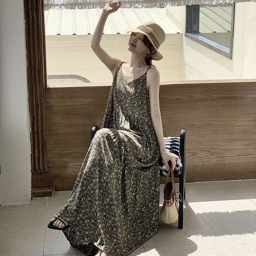 吊带棉绸连衣裙吊带裙睡裙夏季2025新款法式海边度假过膝脚踝长裙