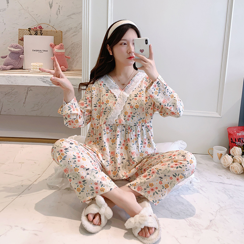 春秋夏季孕妇绵绸月子服产妇超薄款棉绸长袖哺乳衣产后夏天睡衣