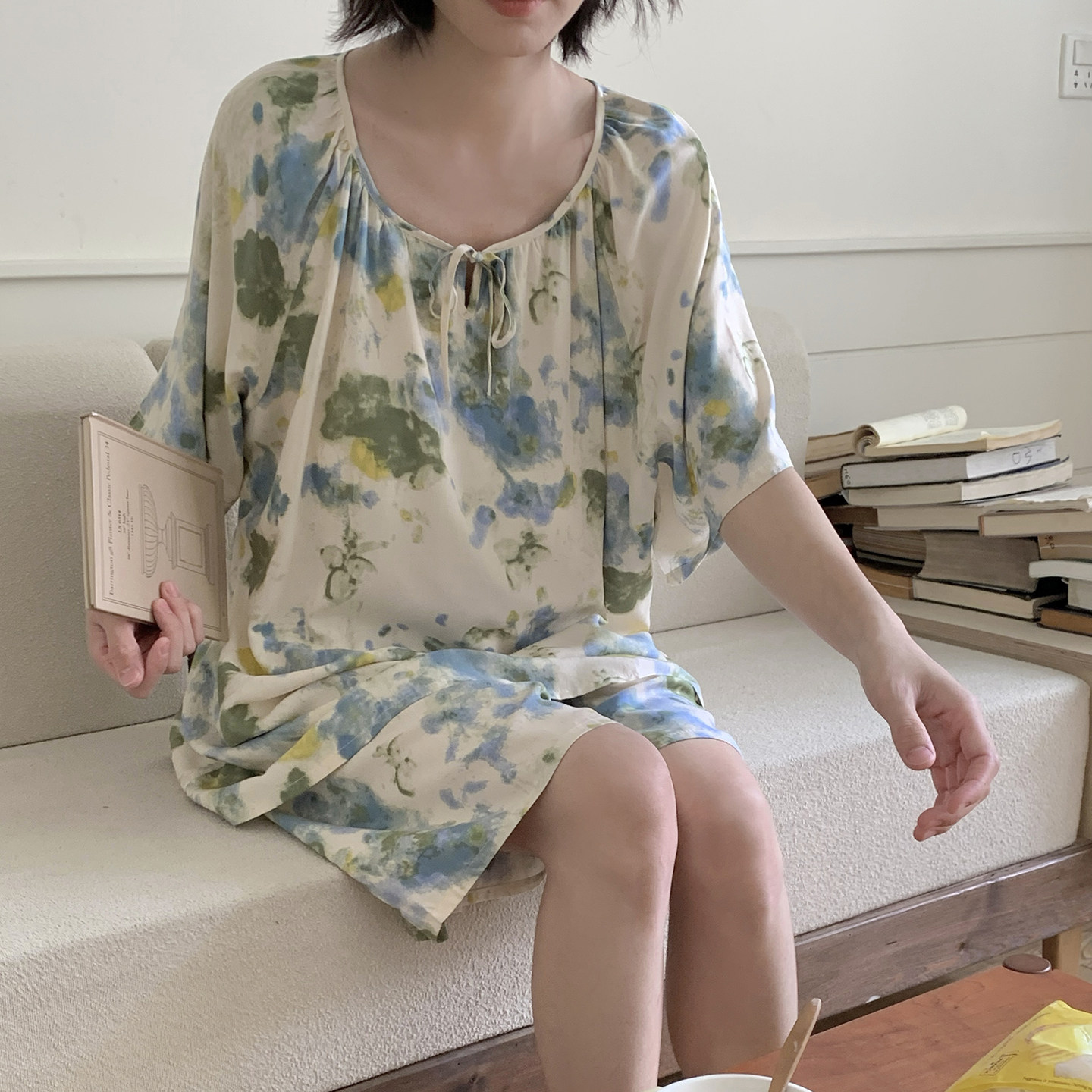 自带胸垫免穿内衣清爽棉绸睡衣女短袖短裤凉快家居服套装可外穿