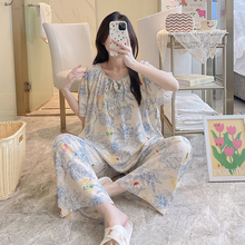 2024新款棉绸睡衣女短袖长裤宽松轻薄套装人造棉睡衣套装网红爆款