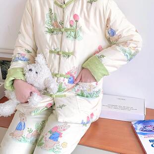 睡衣女秋冬款2024新款纯棉布料100全棉夹棉加厚纯手工棉花棉袄