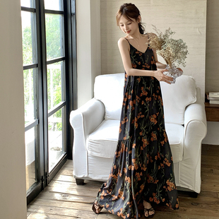 海边度假过膝脚踝长裙 法式 吊带棉绸连衣裙吊带裙睡裙夏季 2025新款