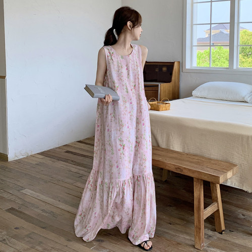 无袖睡裙女款2025新款棉绸夏季背心加长款到脚踝长裙性感家居裙
