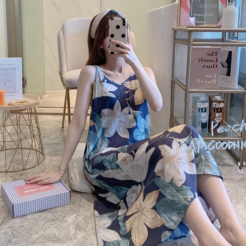 棉绸超长款小性感甜美风吊带睡裙