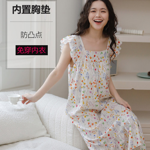 2025睡裙女夏季超薄棉绸透气自带胸垫免穿内衣可爱少女碎花连衣裙