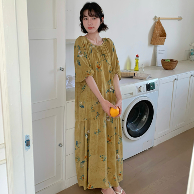 有口袋宽松版型棉绸女睡裙夏季短袖加长款人造棉连衣裙可外层裙子
