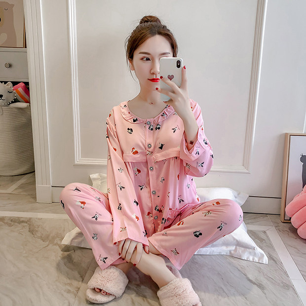 여름 면 실크 감금 의류 출산 초박형 순수 면 실크 긴팔 수유복 인공 면 산후 여름 잠옷