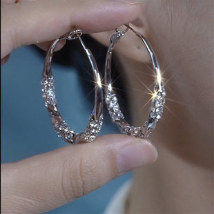 银色镶钻耳圈轻奢高级感显脸瘦大圈耳环925银针耳扣网红爆款耳饰