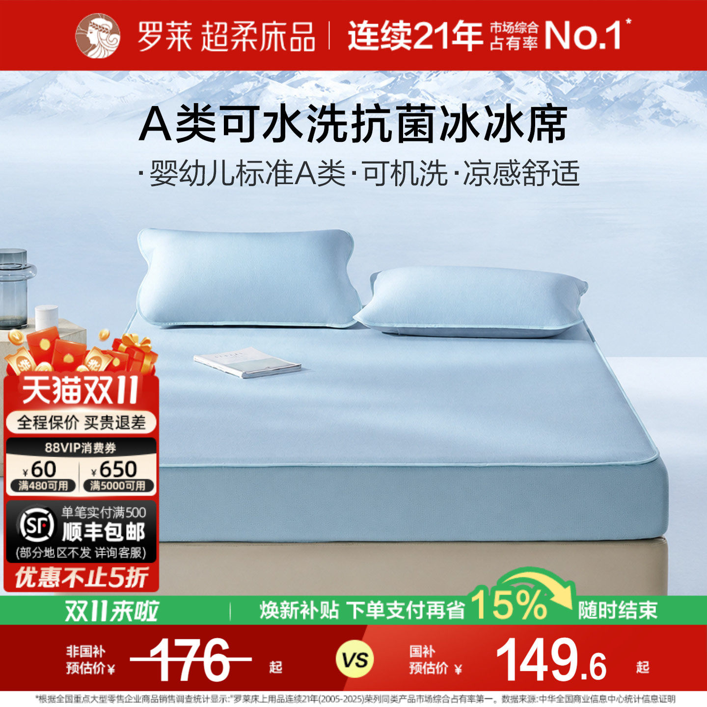 【断码清仓】罗莱家纺凉席夏季冰丝席双人床A类可折叠抗菌席子