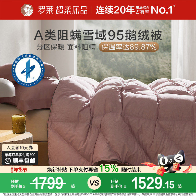 罗莱家纺鹅绒被羽绒被A类阻螨四季通用分区保温加厚蓬松保暖冬被,床上用品,羽绒/羽毛被,淘宝优惠券,粉丝福利购,淘宝优惠卷