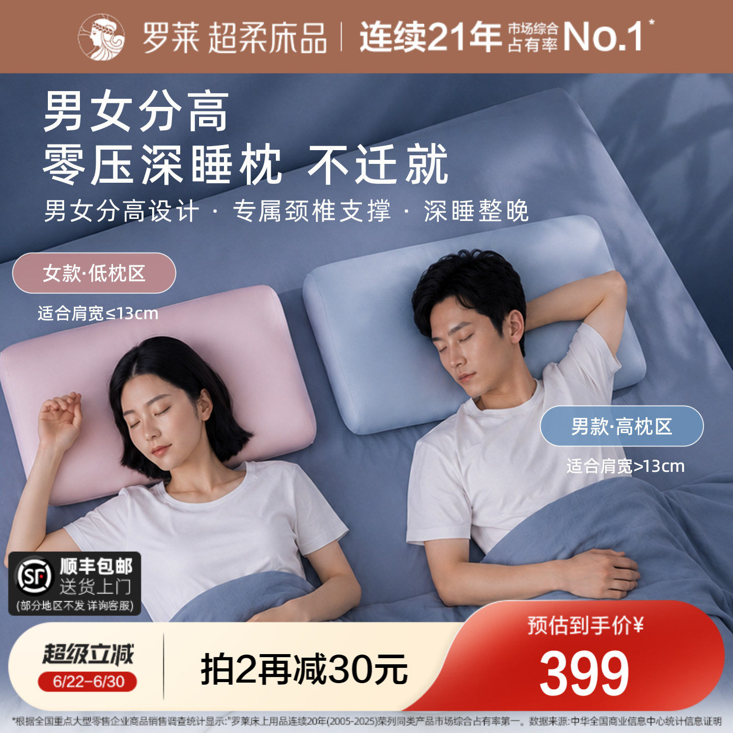 罗莱零压深睡枕芯记忆棉枕头护颈椎助睡眠专用成人男女学生护颈枕