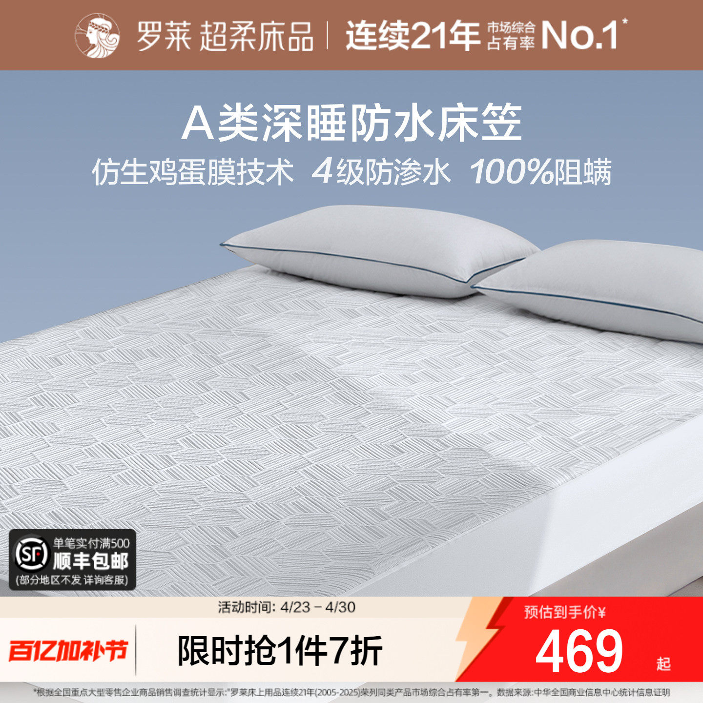 罗莱家纺新品可机洗防水隔尿床笠A类抗菌阻螨席梦思床护垫保护罩