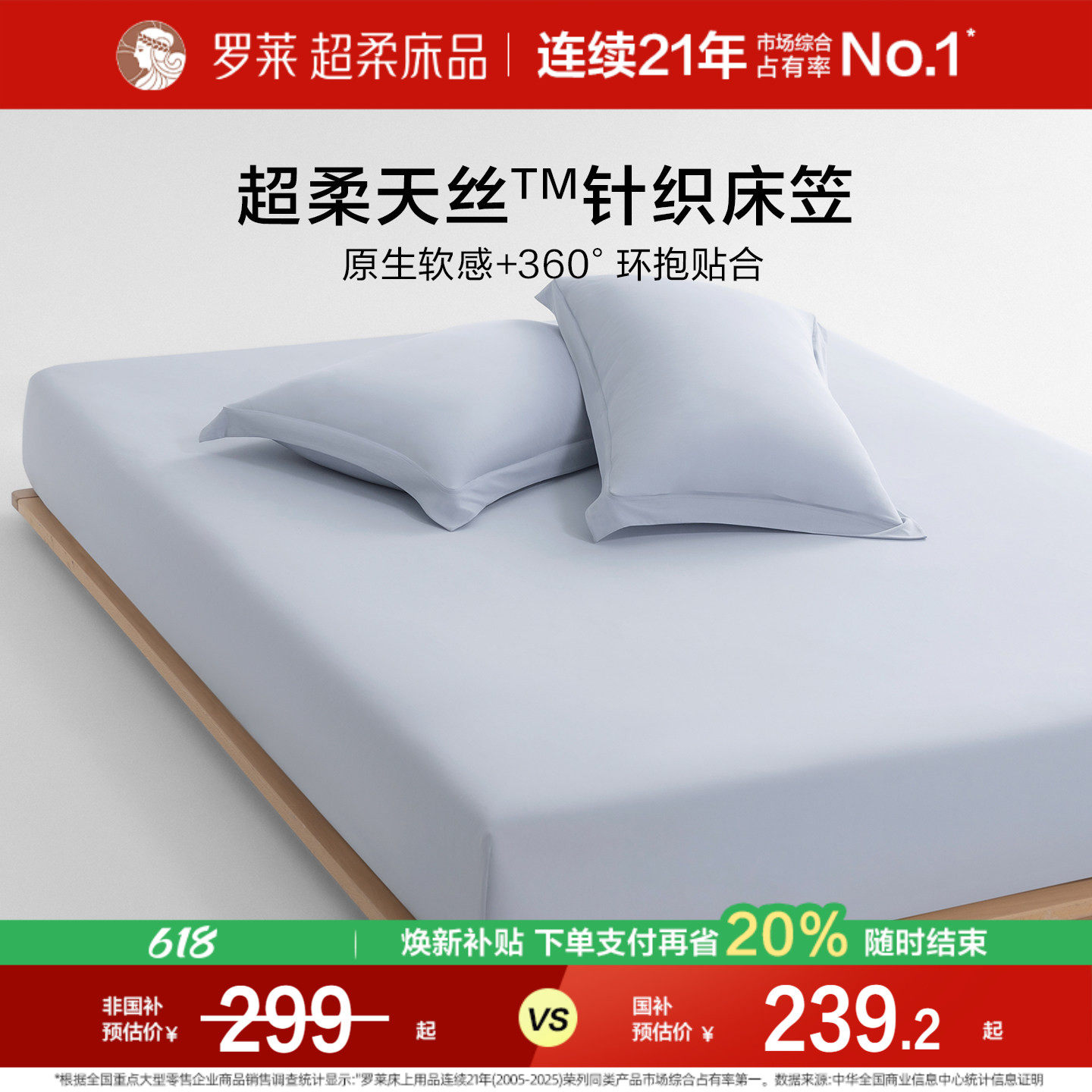 罗莱家纺天丝针织床笠超柔裸睡可水洗A类床垫保护套床罩凉感透气