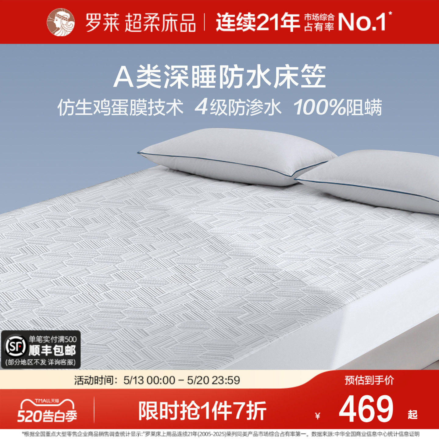 罗莱家纺新品可机洗防水隔尿床笠A类抗菌阻螨席梦思床护垫保护罩