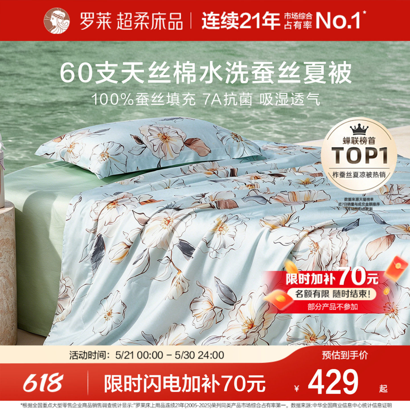 罗莱家纺100%蚕丝被夏凉被四件套60支天丝棉A类抗菌空调被可机